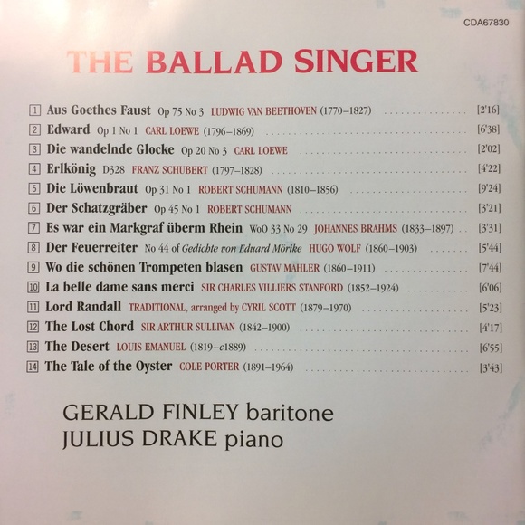 🦋 The Ballad Singer Gerald Finley Julius Drake CD Classical Opera 034571178301 - Picture 4 of 4